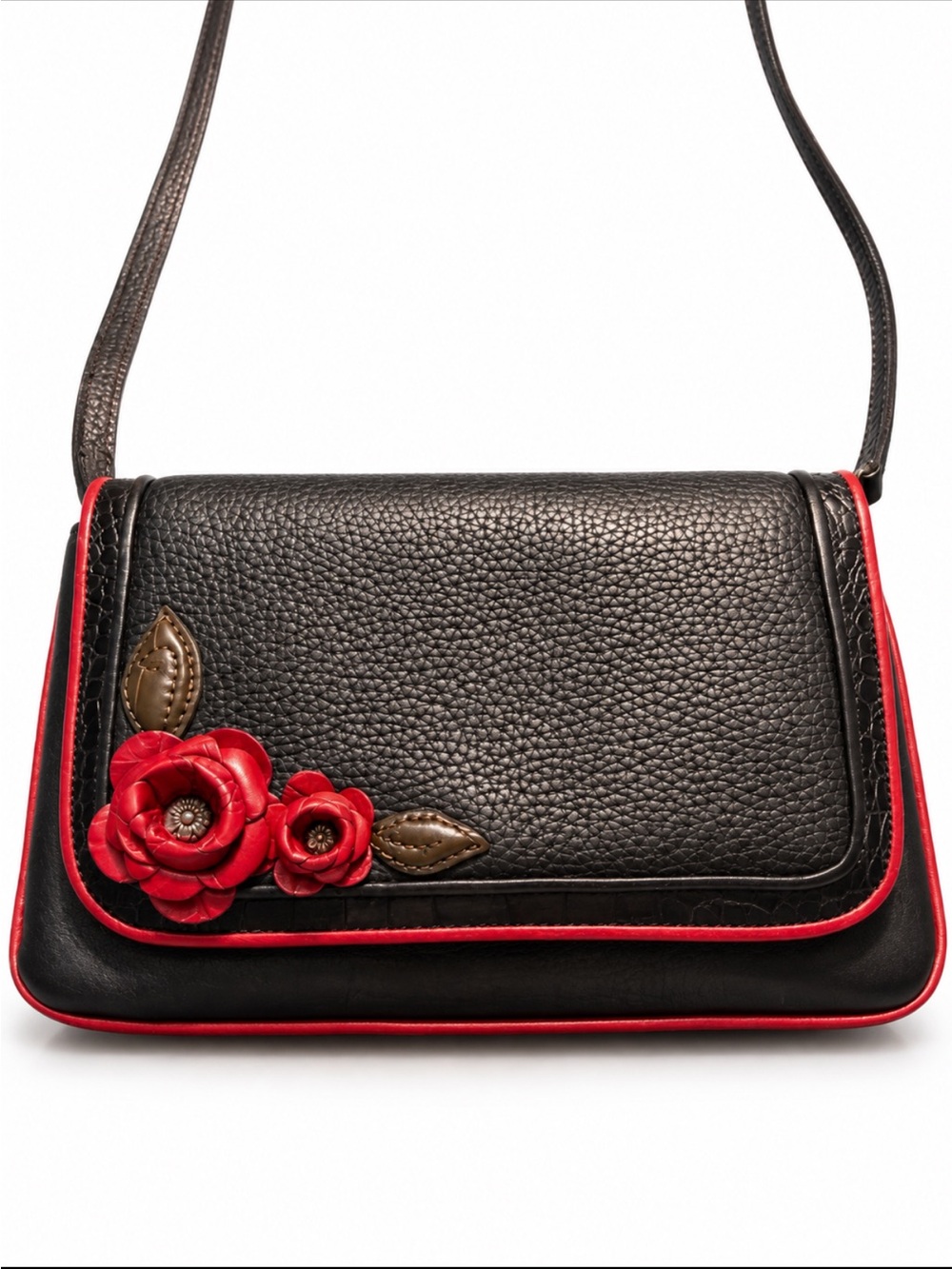 Brighton Rose Appliqué Floral Accent Leather Organizer Crossbody in Black & Red